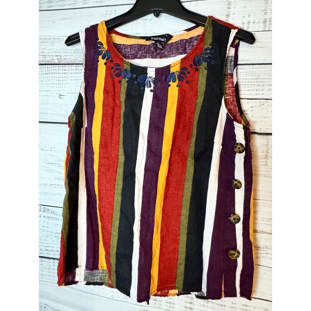 Ellen Tracy Linen Striped Embroidered Sleeveless Linen top Multi Color L